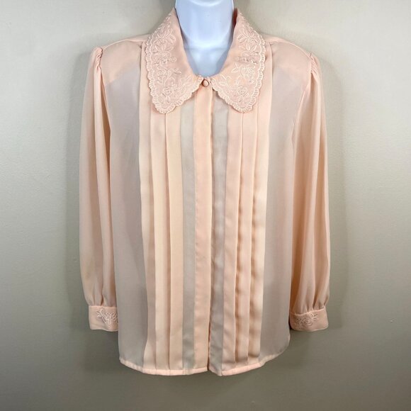 Vintage Romantic Pleated Embroidered Blouse Top 14 Pastel Peach Dainty Sweet - Picture 1 of 16